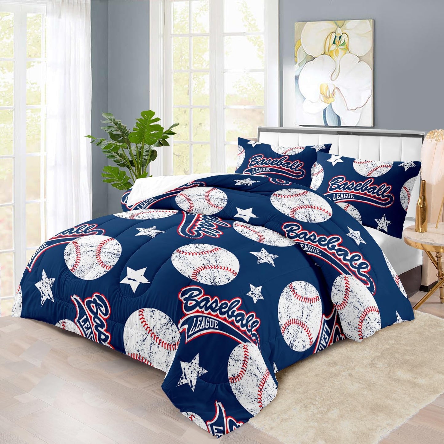 Baseball Comforter Set Queen,Sports Bedding Sets for Boys,Blue Sports Comforter Queen Bedroom Decor,Baseball Bedding Teen for All Seasons,Blue Quilt Kids Bedroom Decor