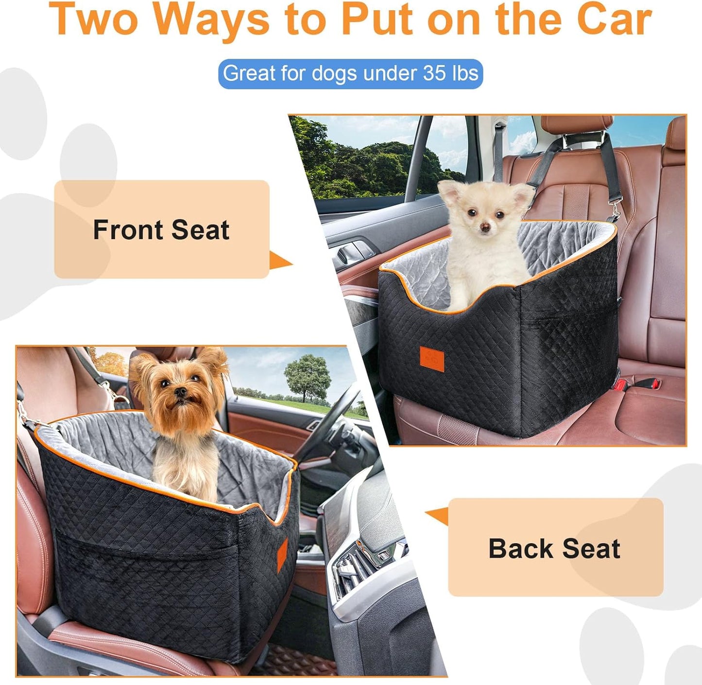 Dog Car Seat for Small Dogs, Memory Foam Booster Dog Seat for Dogs up to 35 lbs, Elevated Pet Car Seat with Washable Removable Cover, Storage Pockets(Black/Gray)