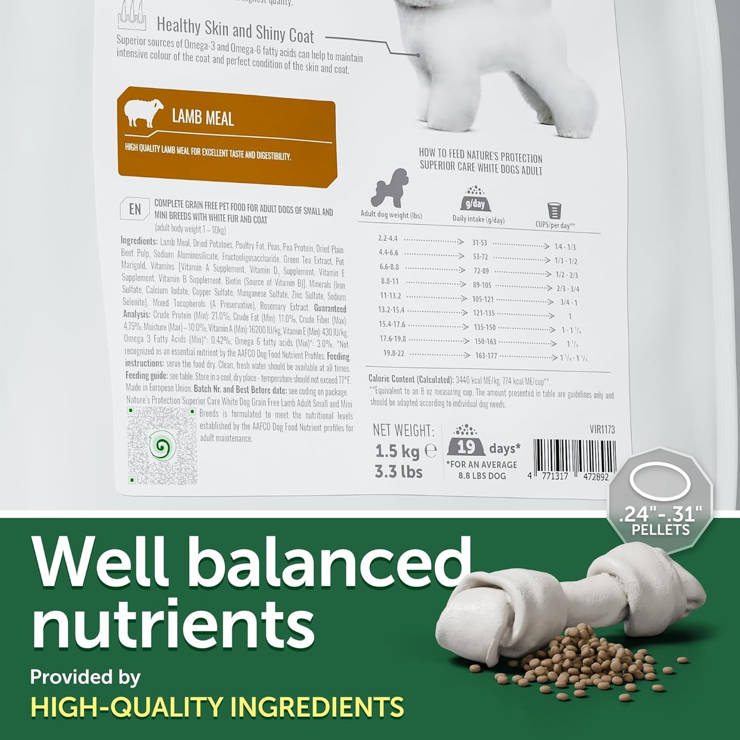 Nature's Protection Superior Care White Dogs Grain-Free Dry Dog Food - High Protein, Tear Stain Dog Food for Small & Mini Breeds Light Coated Adult Dogs, Fresh Pet Meal, Lamb, 3.3 lb