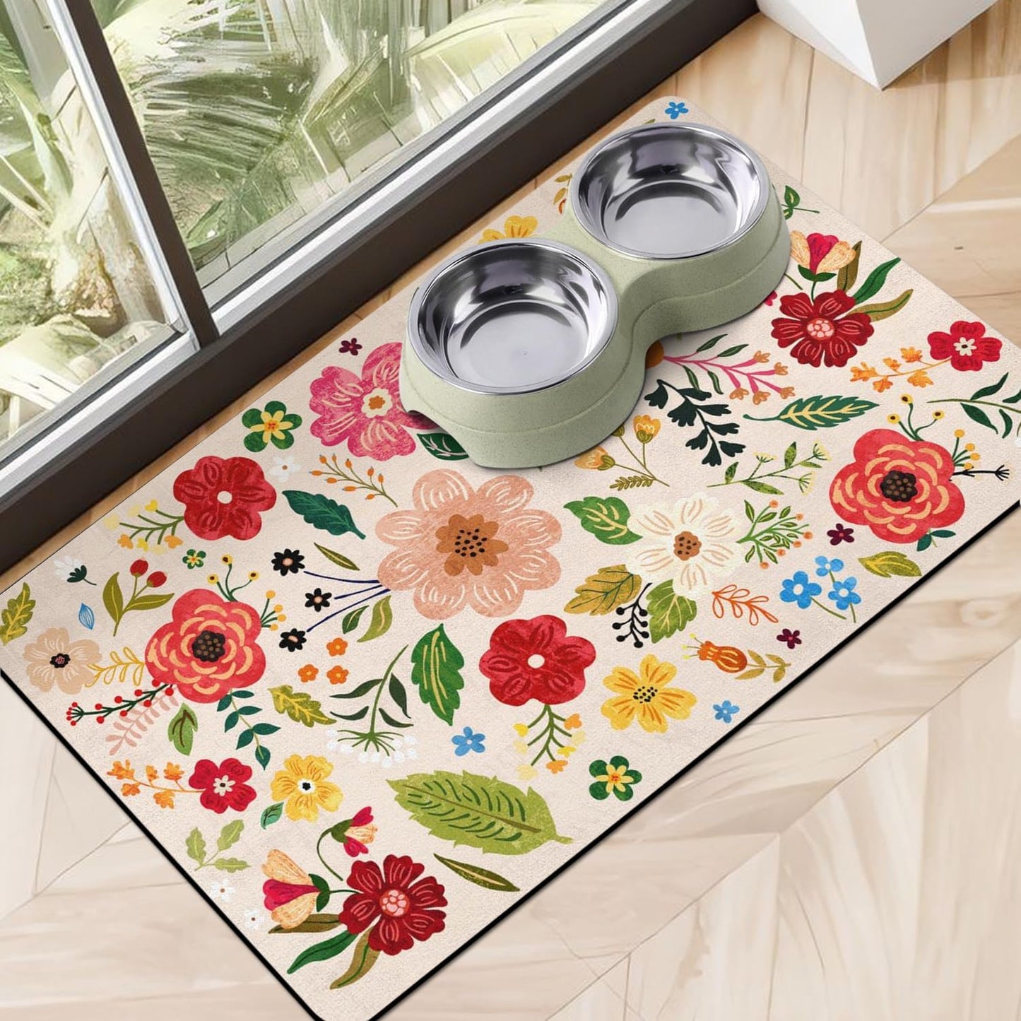 Dog Food Mats for Floors, Absorbent Quick Dry Pet Cat Food Mat, Dog Bowl Mats for Food and Water Dispenser Mat, Eco-Friendly Dog Accessories Pet Supplies 12""x20"", Floral White