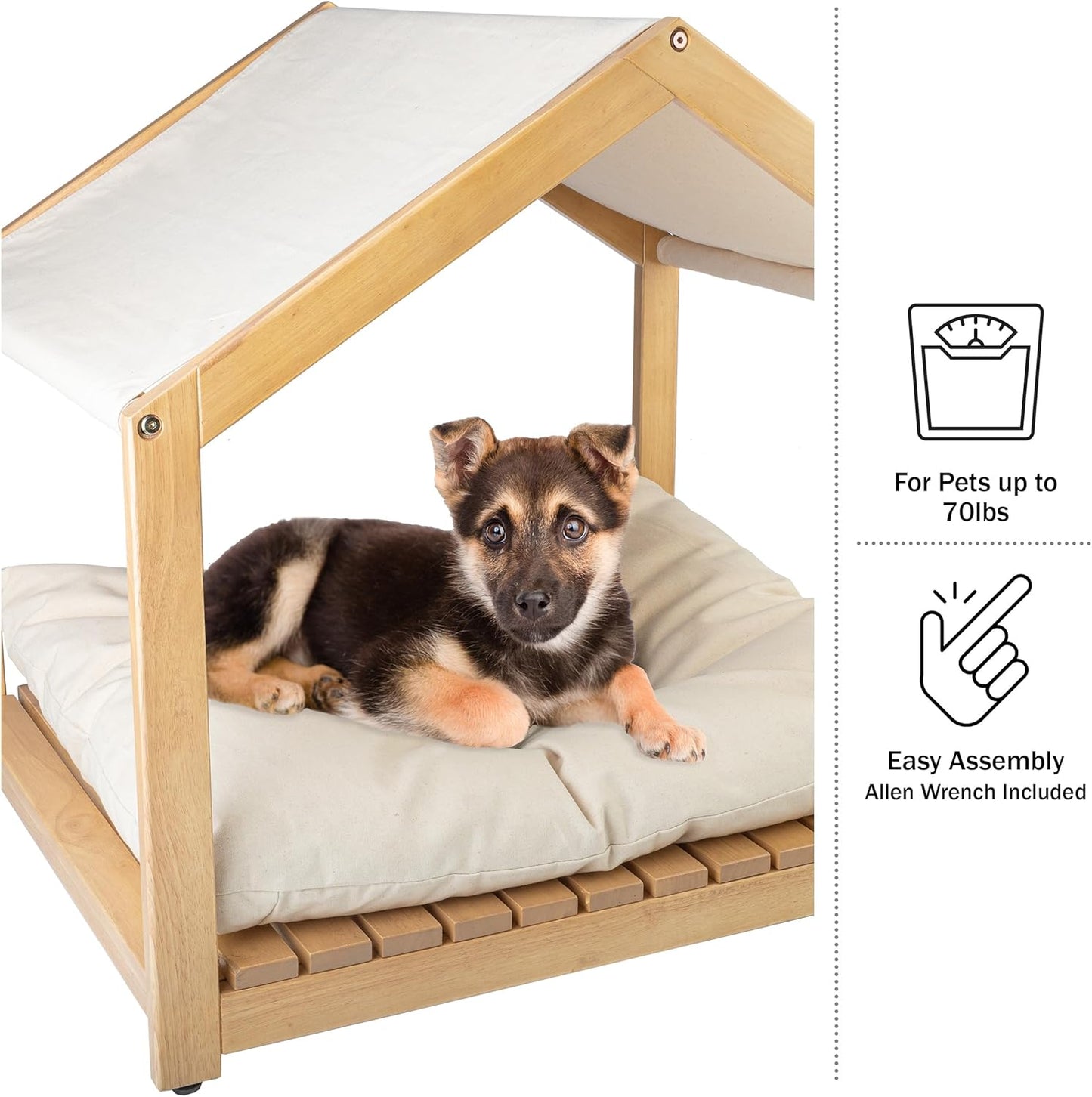 Dog House - 30x24-Inch Indoor Dog House with Soft Cushion and Adjustable Canopy - Wood Dog Furniture for Small to Medium Pets up to 70lbs by PETMAKER