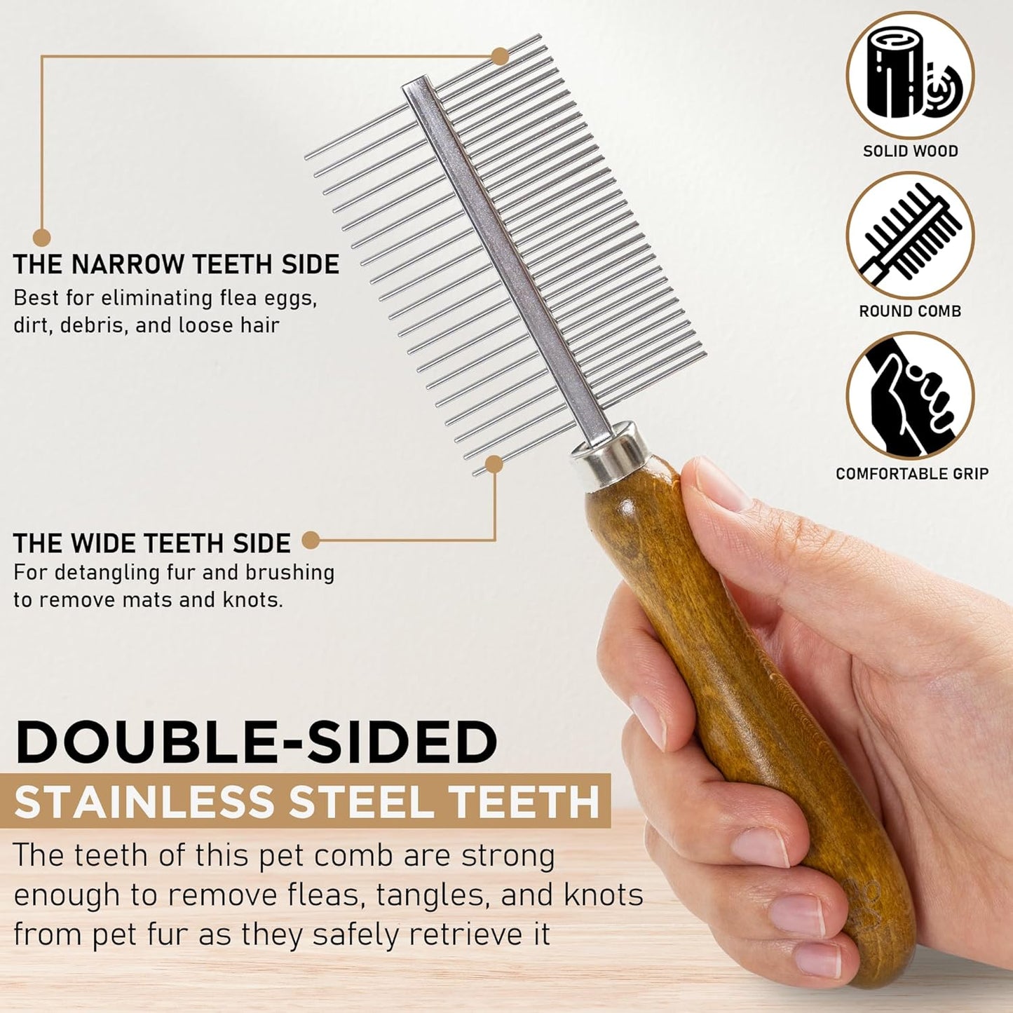Takavu Double-Sided Metal Pet Comb for Dogs & Cats - Stainless Steel Teeth for Detangling, Removing Loose Hair & Flea Check - Grooming Tool