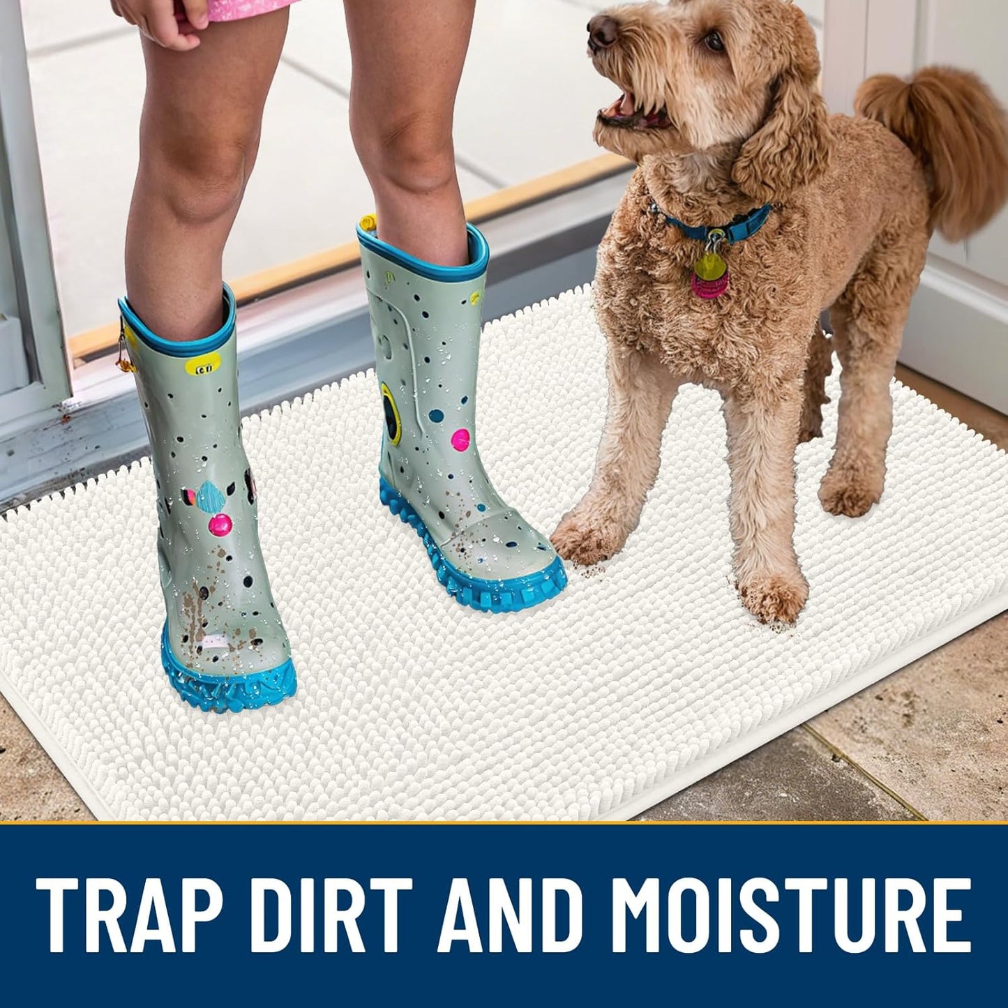 Smiry Dog Door Mat for Muddy Paws 24x16, Absorbs Moisture and Dirt Doormat, Non-Slip Washable Quick Dry Chenille Front Door Mat Indoor Entrance, Entryway Carpet for Inside Floor, Ivory