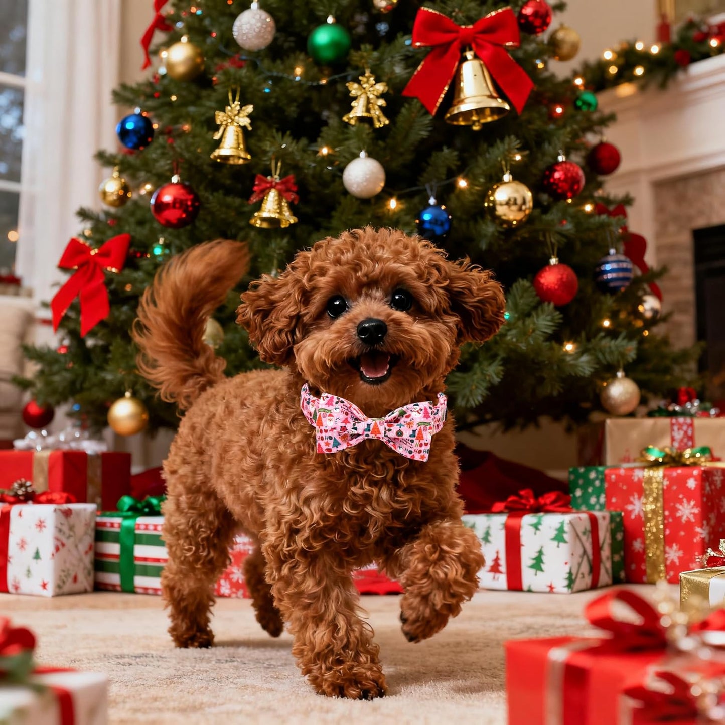 Lionet Paws Christmas Dog Collar with Bow tie,Cute Ho Christmas Tree Snowman Pink Dog Collar Bow Tie for Dogs Female, Small, Neck 10-16 inches