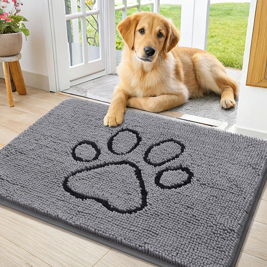 Smiry Dog Door Mat for Muddy Paws, Absorbent Dirt Trapper Non Slip Quick Dry Washable Chenille Mat for Mud Dogs, Entry Rug for Indoor and Outdoor (21x34 Inches, Grey)