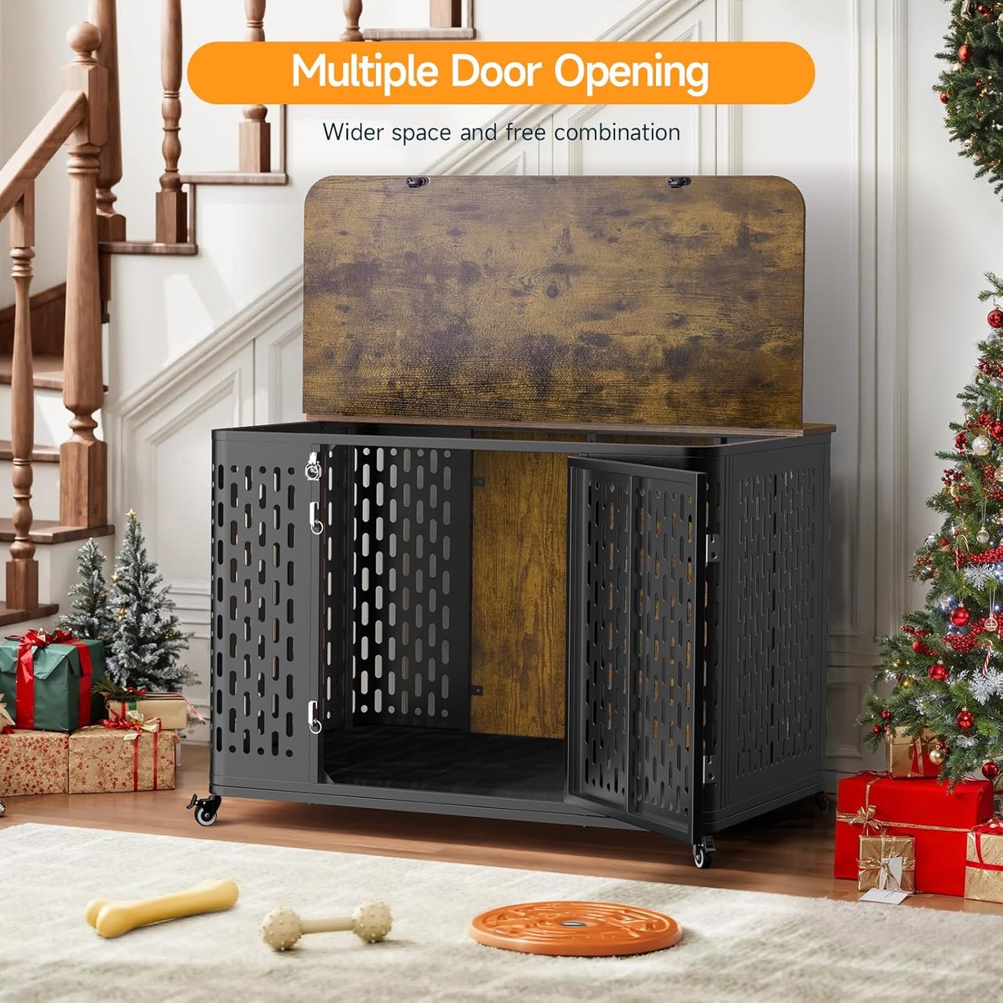 ONBRILL Heavy Duty Dog Crate Furniture for Large and Medium Dogs, 43.7 Inch Large Dog Crate Kennel with Flip Top & Cushion & Wheels, Escape Proof Pet Cage,Wooden Cage Kennel Furniture Indoor