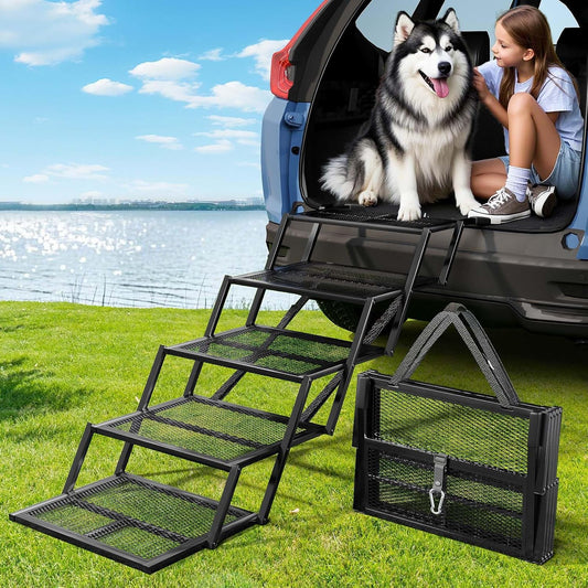 Dog Stairs for Large Dogs, Linvivon Extra Wide 20" Dog Steps with Non-Slip Surface and Reflective Strips, Outdoor Foldable Dog Ramp for Stairs, Car, Truck and SUV, Supports Up to 400LBS, 5 Steps