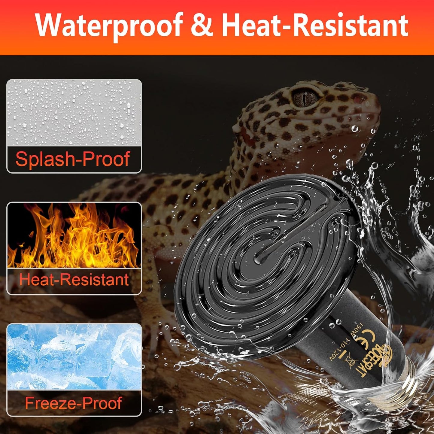 Energy Efficient 60W Reptile Basking Heat Lamp Bulbs, Pack of 2 Ceramic Heat Emitters for Tortoise, Bearded Dragon, Lizard, Iguana, Reptile (Black, 60 Watts)