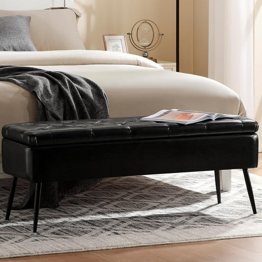 Leather Storage Ottoman Bench,End of Bed Bench for Living Room Bedroom Dinning Room Entryway,Mid-Century Modern,Faux Leather,with Steel Legs,Safety Hinges, Loads 660 lb (with Button, Black)