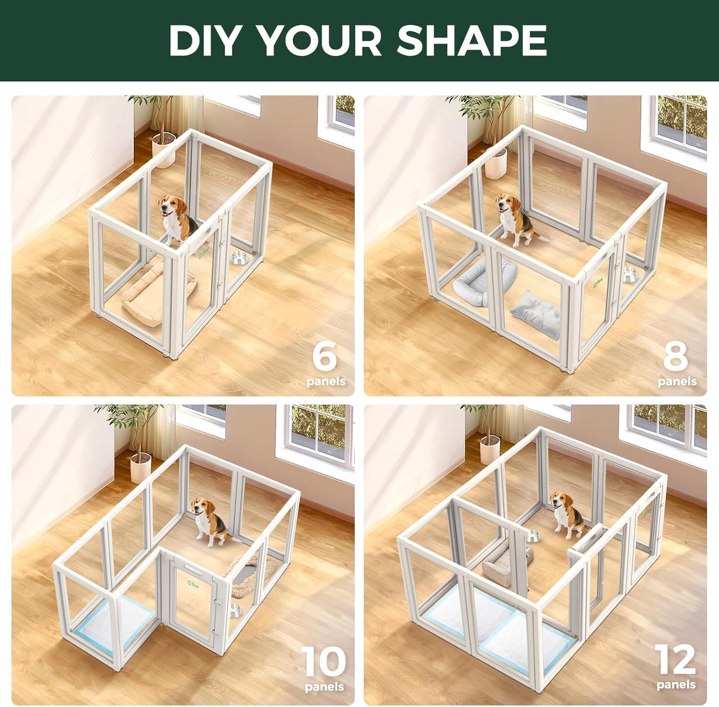 FXW AuraSpace Acrylic Indoor Unleashed Dog Playpen for Medium Dogs, 35 Inch, 12 Panels, White