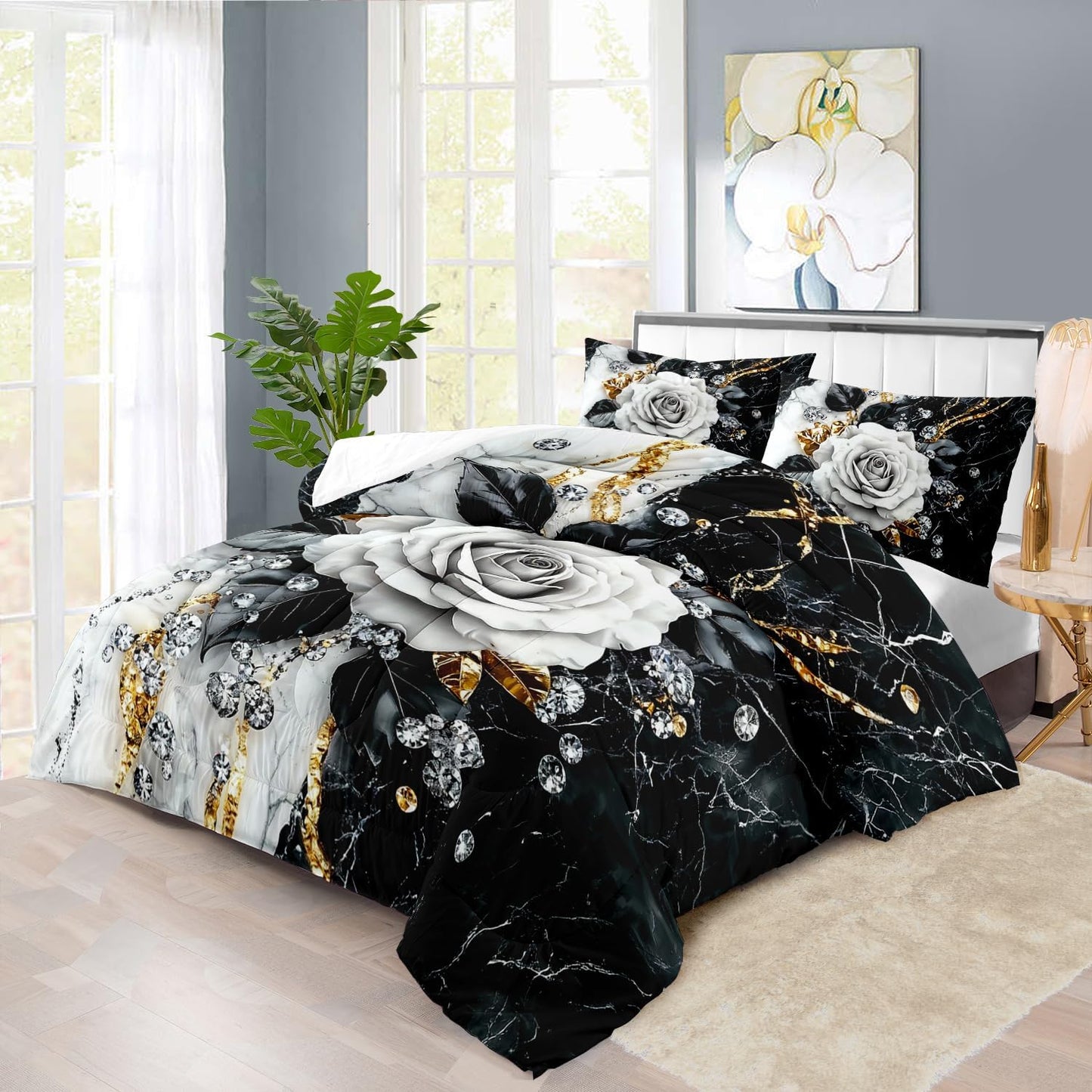 Marble Floral Comforter Set for Full Bed Women,Vintage Flower Bedding Set Full,White and Black Comforter Rose Quilt for Girls,Rose Bedding Floral Bedroom Decor Adults