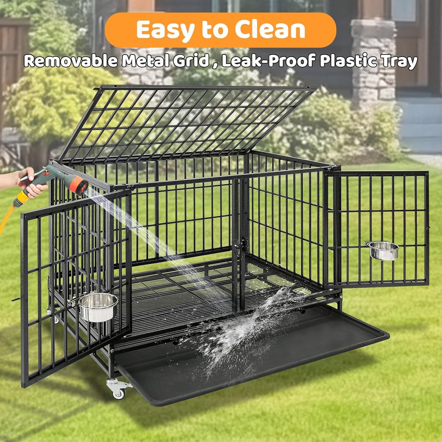Homey Pet 4 Pack Three Tiers 43 inch Dog Crate with Wheels, Stackable Heavy Duty Indestructible Steel Dog Cage Kennel Indoor with Detachable Divider, Tray, Bowls, Escape Proof Locks