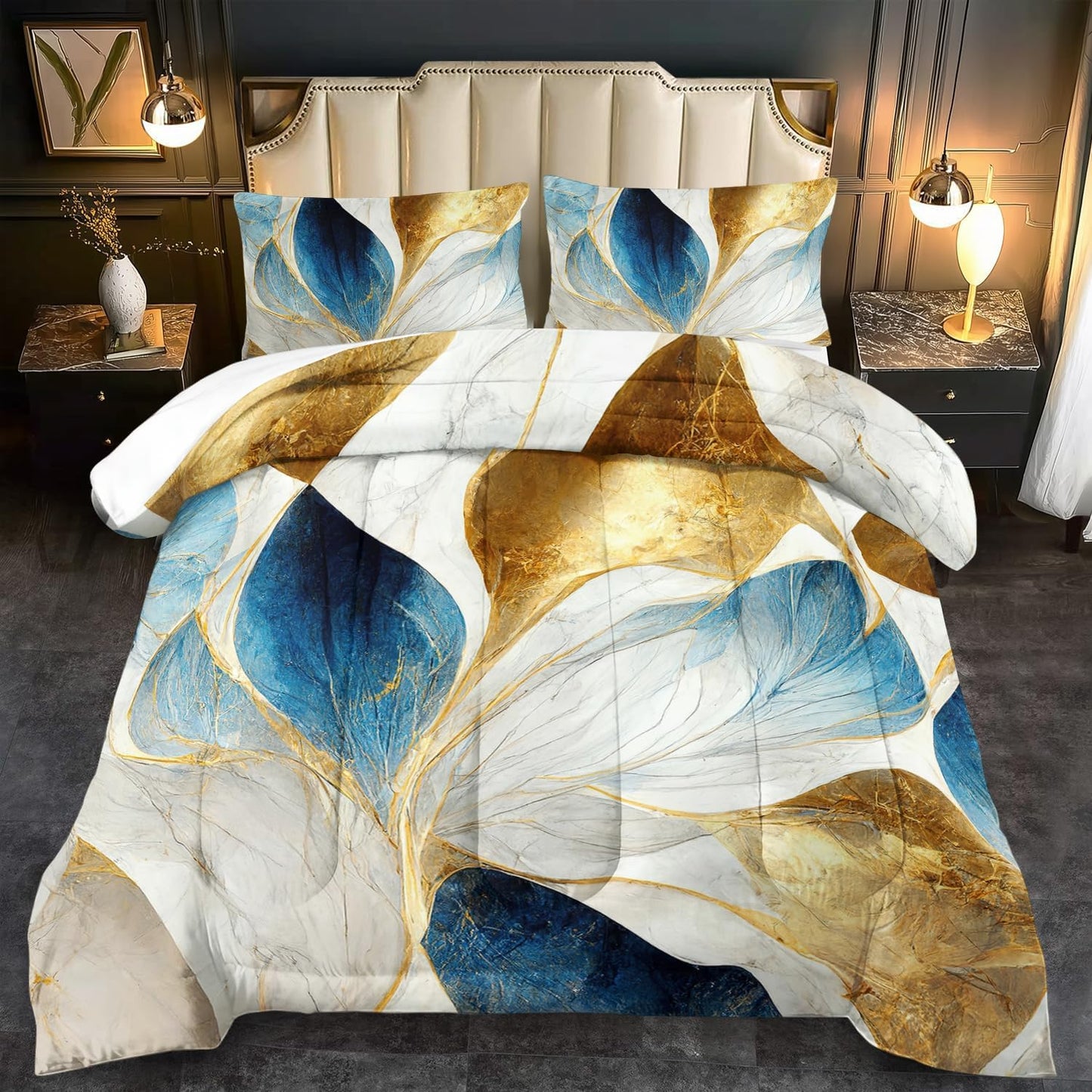 Vintage Floral Comforter Set King Size Women,Marble Flower Bedding Set King,Marble Blue Flower Bed Comforter,Blue and Gold Floral Quilt Bedroom Decor for Kids and Adults