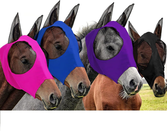 Frienda 4 Pcs Horse Fly Masks with Ears Head Fly Masks for Horses Smooth Elastic UV Protection Cover from Summer Insect Pests(Large,Purple, Blue, Pink, Black)