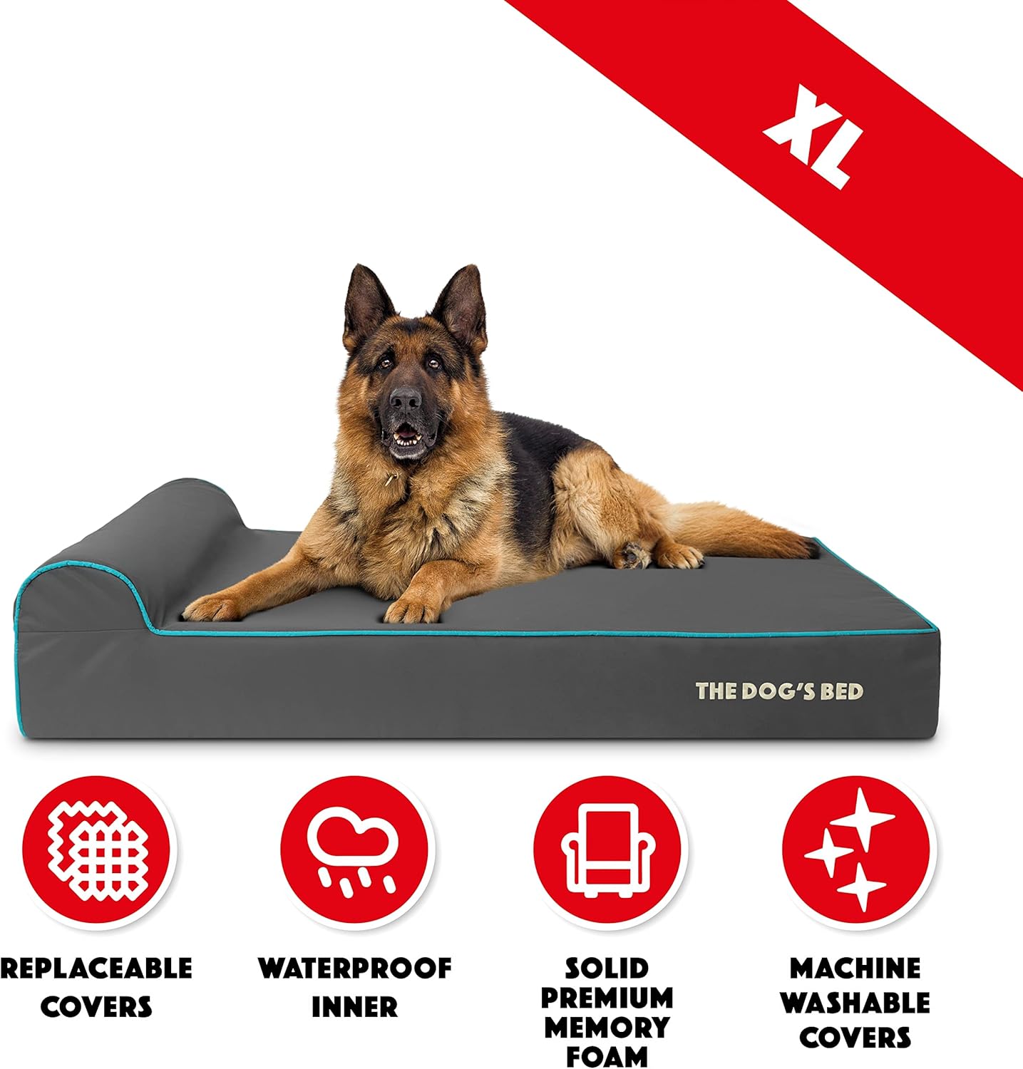 The Dog’s Bed Orthopedic Headrest Dog Bed XL Grey/Blue 46x25, Memory Foam, Pain Relief for Arthritis, Hip & Elbow Dysplasia, Post Surgery, Lameness, Veterinary Approved, Waterproof Washable Cover