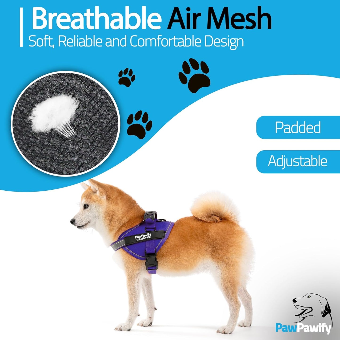 PawPawify Custom No Pull Dog Harness with Name and Phone Number, Heavy Duty Personalized Pet Vest to Prevent Tugging, Pulling, or Choking, Training and Walking (New Purple, L (40-60 LBS))