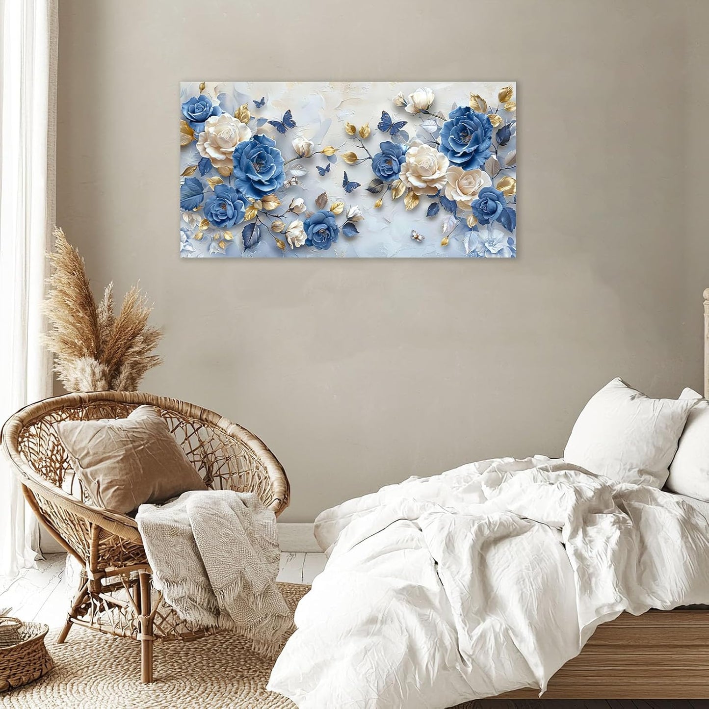 Large Flower Wall Art Canvas Living Room Floral Pictures Framed Prints Oversize Wall Decor Blue Butterfly Painting for Bedroom Dining Office Home 60"x30"
