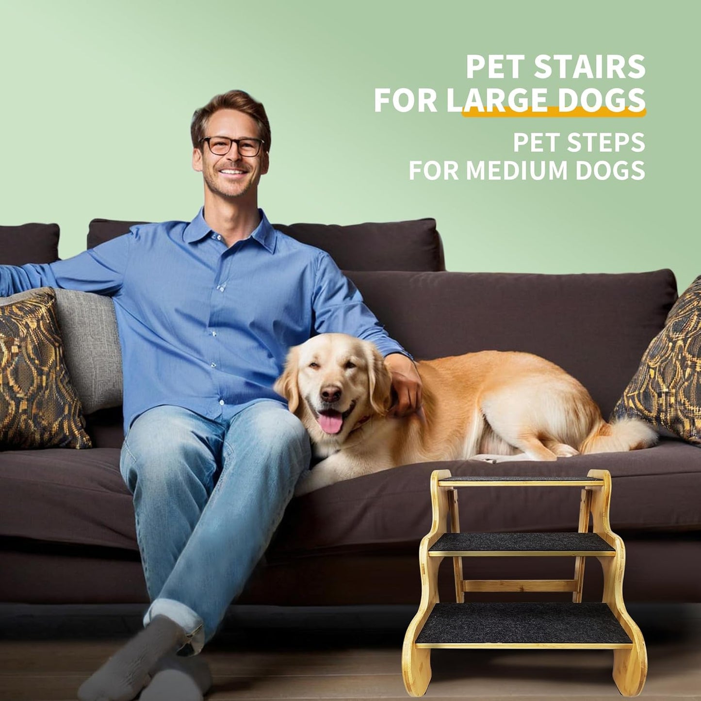 Dog Steps for Bed,24 Inches 5 Step Dog Stairs for Senior Pets to Get On 30 Inches High Beds/Car,Made of Bamboo Can Support Large Dogs Weighing Up to 160 LB