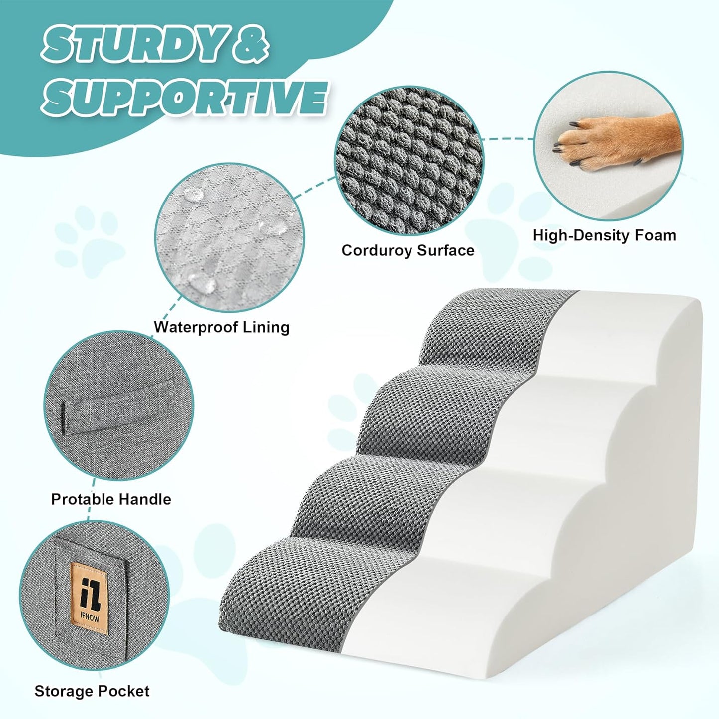 IFNOW Dog Stairs for Small Dogs and Cats 11.8" H, 3-Step Sturdy Dog Steps for Couch, Sofa or Chair, High-Density Foam Pet Stairs for Puppy, Older Cats, Non-Slip Curved Pet Ramp Indoor, Grey