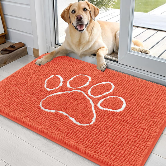 OLANLY Door Mat for Muddy Dog Paws 36x24, Ultra Absorbent Chenille Mud Doormat with Paw Print Design, Non-Slip Washable Doormat for Indoor Entryway, Quick-Dry Pet Bed Mats for Dirty Dogs, Coral