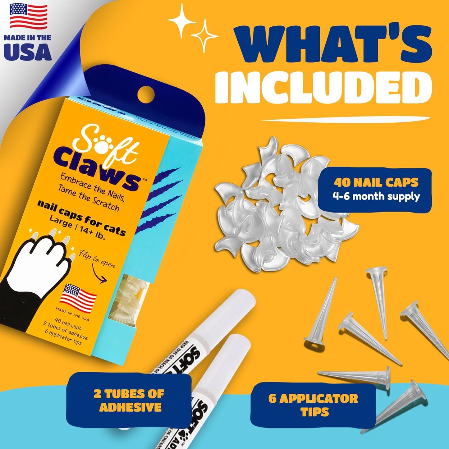 Soft Claws Cat Nail Caps for Large Cats – (40 Caps, Pride) - Made in USA - Veterinarian-Developed | Protects Furniture & Skin - Easy to Apply, Long-Lasting Anti-Scratch Soft Cat Claw Covers