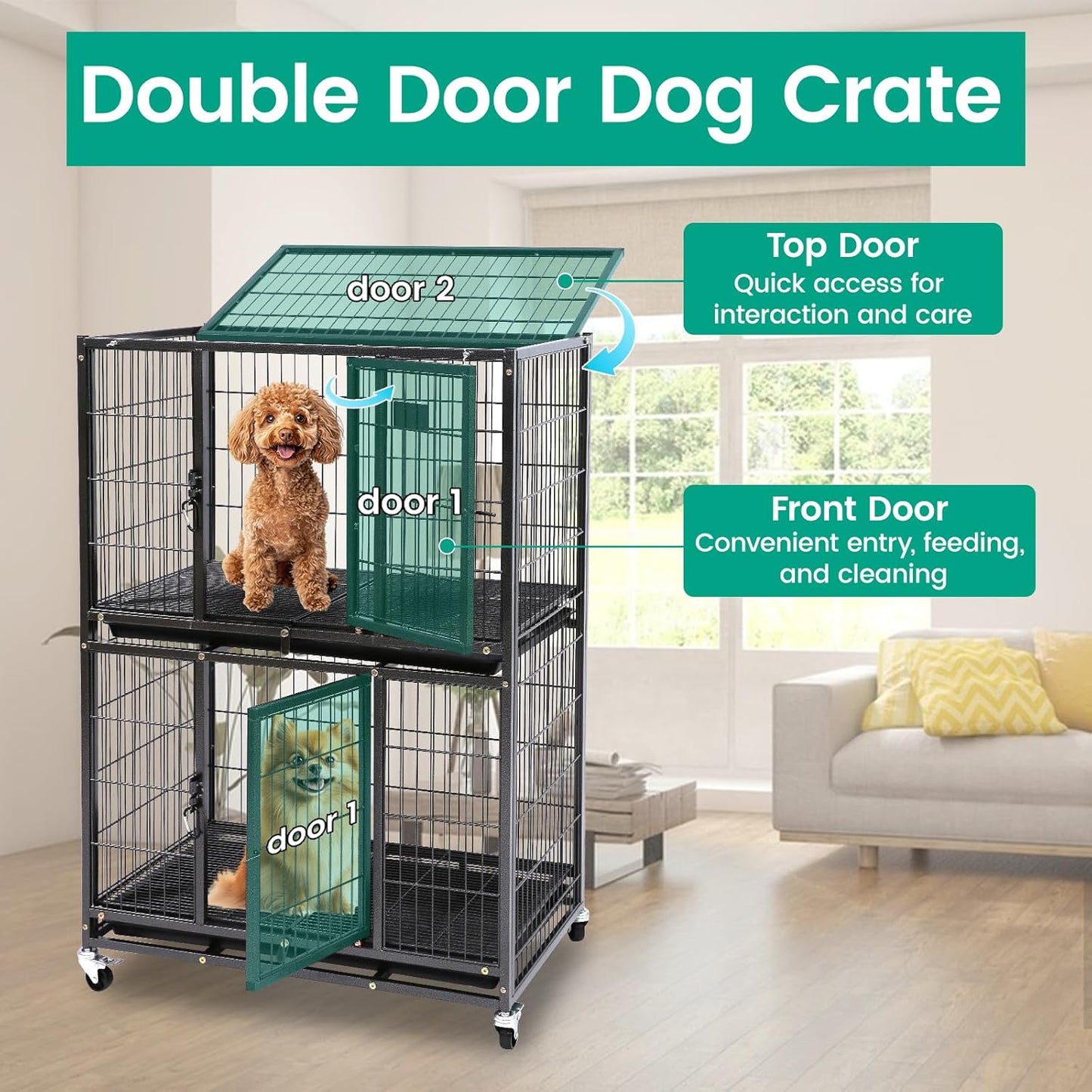 Two-Tier 30 Inch Small Dog Crate, Heavy Duty Drop Dog Cage for Small Dogs Kennels Indoor with Auto-Locks, Removable Trays, Metal Floor Grids and 360° Lockable Wheels