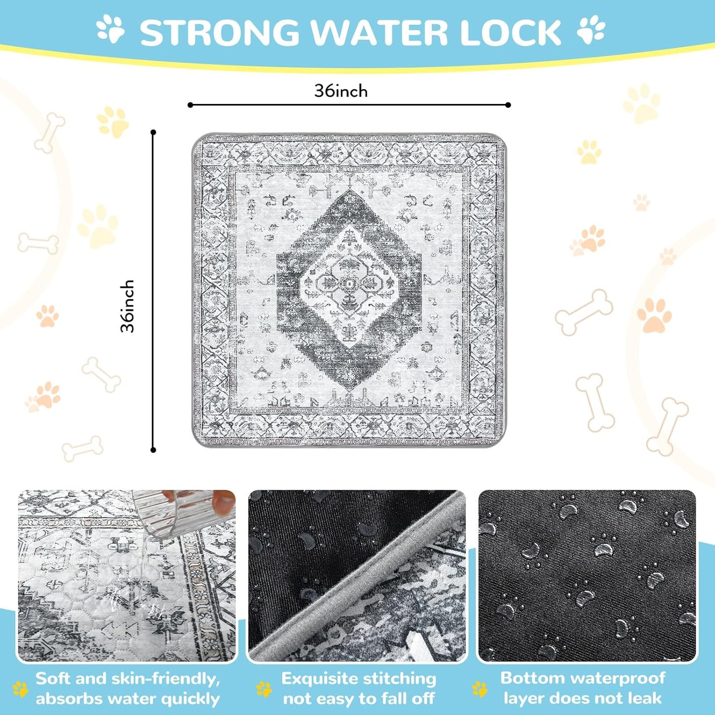 Lahome Super Absorbent Washable Pee Pads for Dogs - Secure Floor Protection - Non-Slip, Leakproof Reusable Pads for Training, Crates & Playpens (2 Pack, 36"x36", Gray)