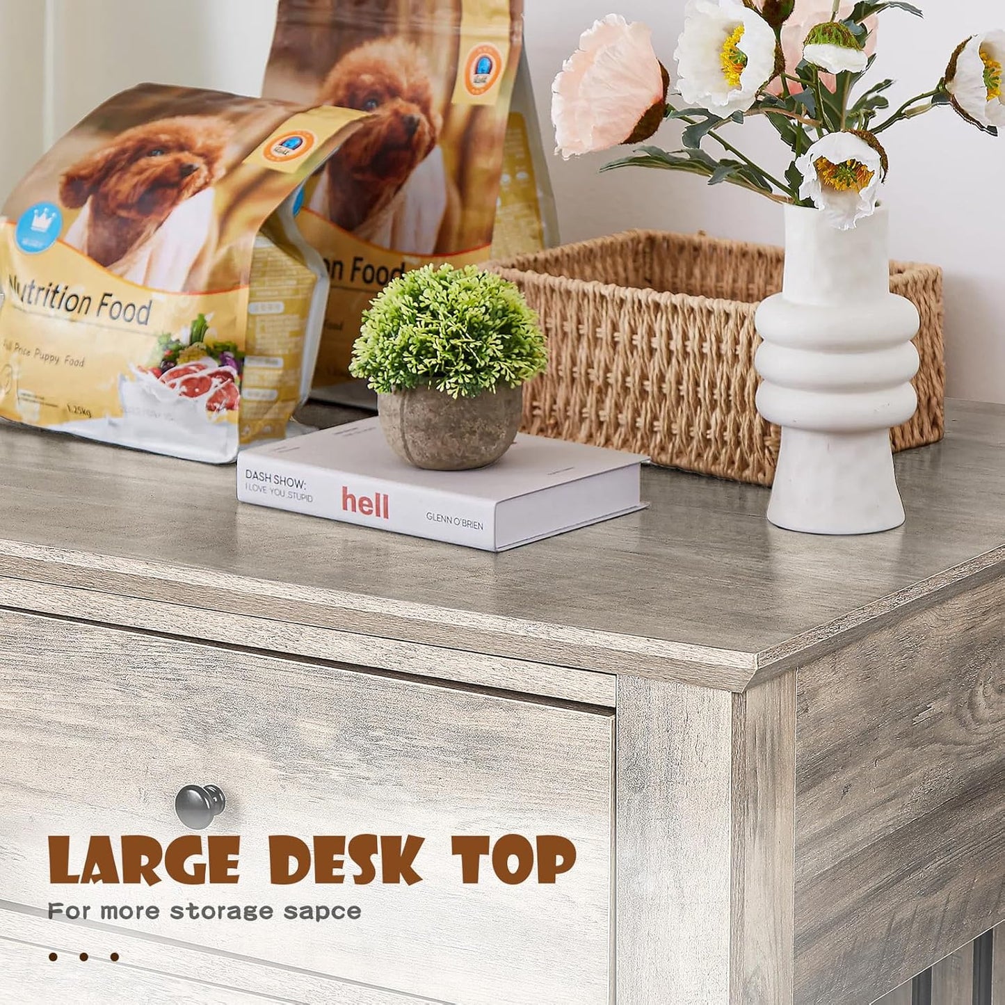 LEMBERI 44 Inch Large Dog Crate Furniture, Wooden Dog Kennel End Table with Storage Drawers, Decorative Pet Cage Dog House Indoor for Dogs