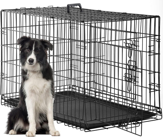 FDW Dog Crate for Large Dogs 48 Inch Folding Metal WirePet Cage Double Door W/Divider Panel Indoor Outdoor Kennel Leak-Proof Plastic Tray,Black