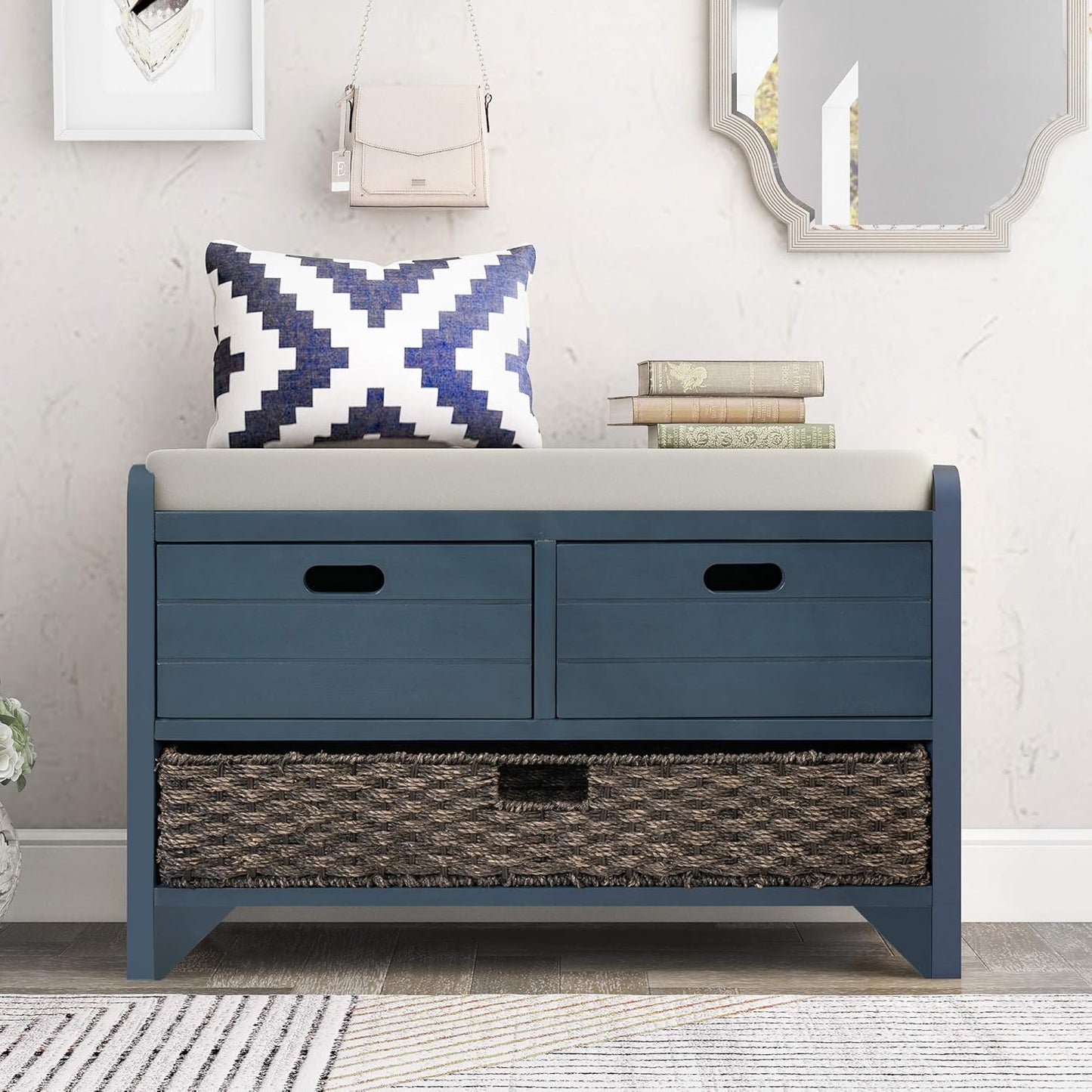 Storage Bench Removable Basket 2 Drawers Fully Assembled Acacia Wood Shoe Bench Standing Shoe Rack Removable Cushion for Living Room, Entrance Hallway, No Assembly Required Navy
