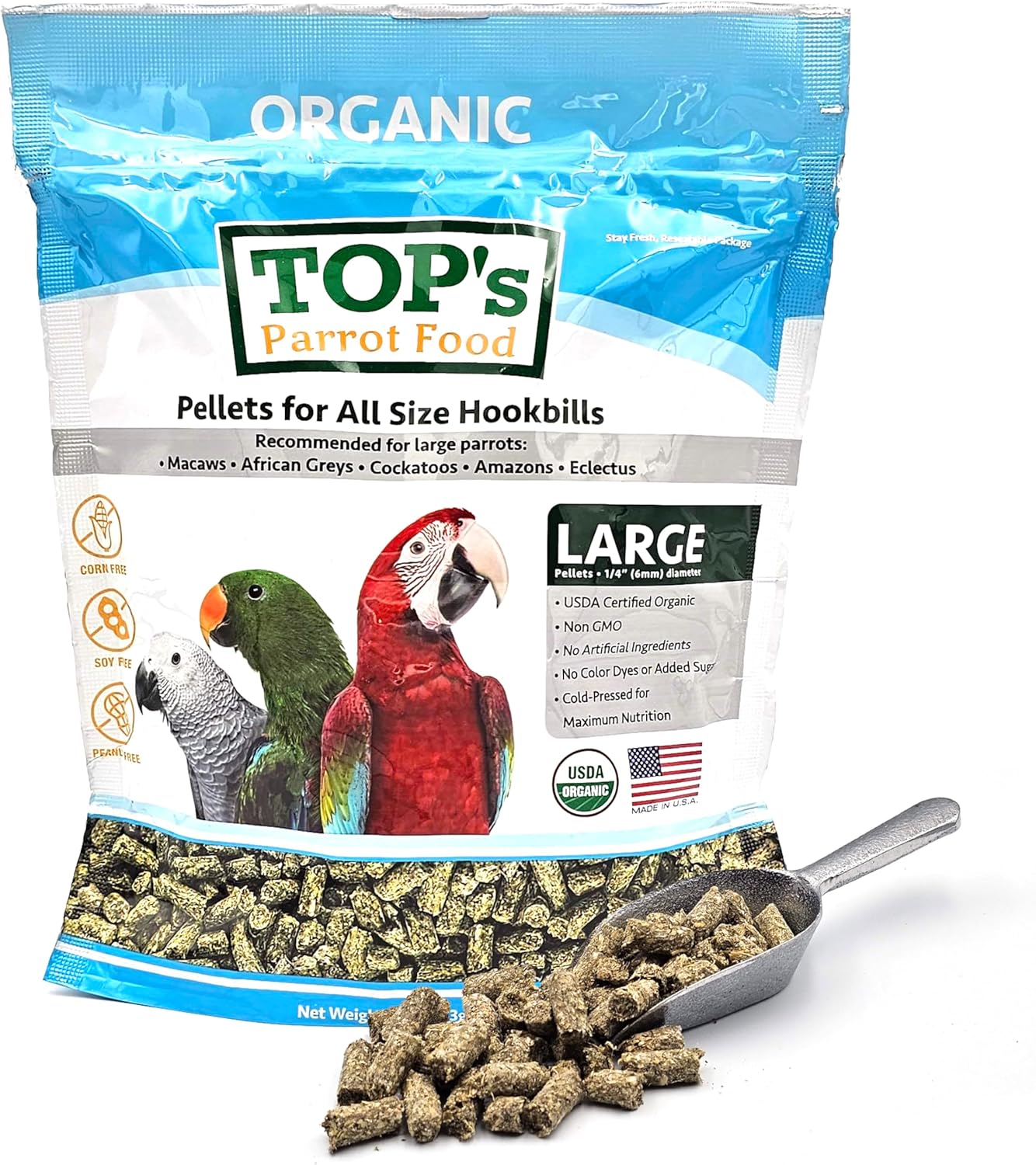TOP's Parrot Food Pellets Hookbills, Small, Medium, Large Birds - Non-GMO, Peanut Soy & Corn Free, USDA Organic Certified - 1 lb / 453 g
