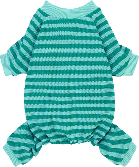Fitwarm Green and Teal Striped Dog Pajamas, Waffle Dog Clothes for Small Dogs Girl Boy, Puppy Onesie with Feet, Pet Cat Outfit, XS