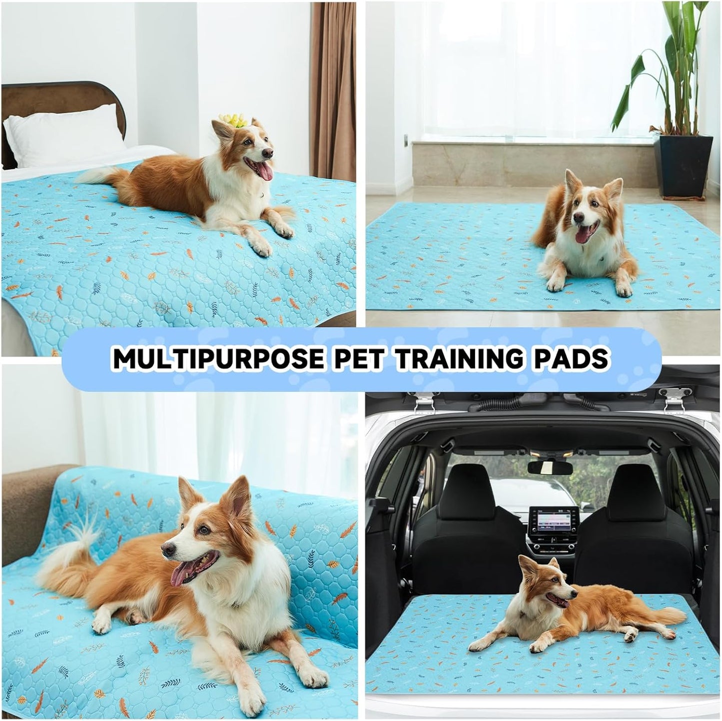 Sunheir Washable Pee Pads for Dogs Large 48" x 48" 2-Pack Reusable Puppy Pads Pet Training Pads, Absorb Dog Mats, Whelping Pad, Non-Slip Protects Against Urine Leakage (Leaves - Sky Blue, 48x48)