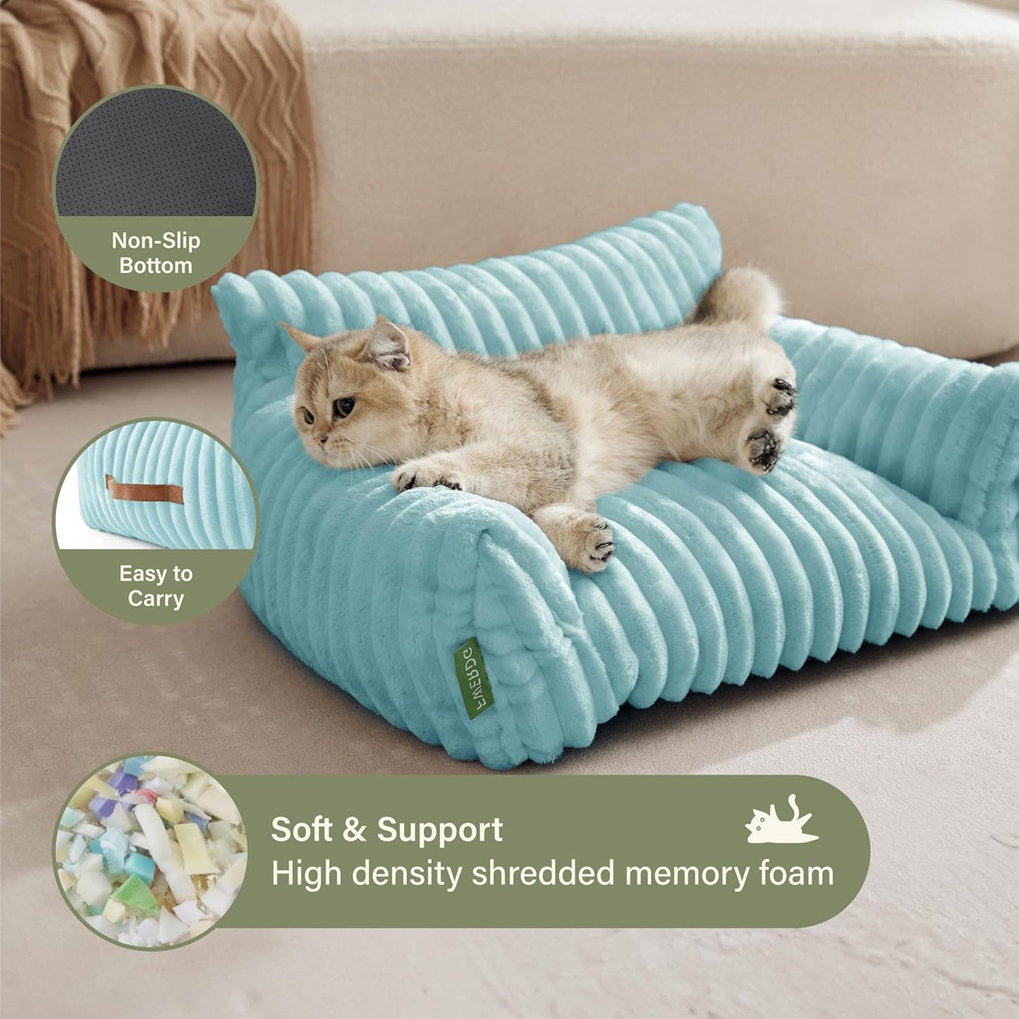 Cute Couch Bed for Pets, Supportive Cat Sofa for Indoor Cats, Small Dog Sofa Bed for Small Dogs, Light Blue, 24inches
