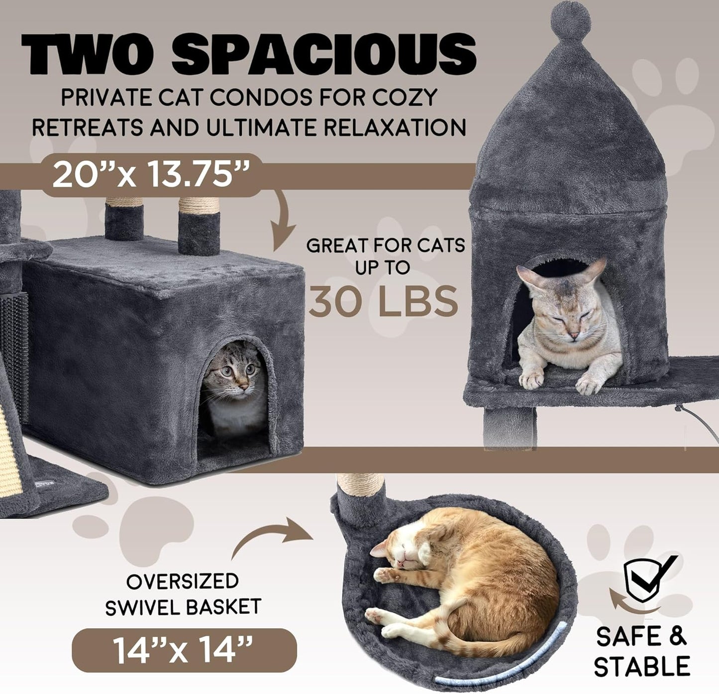 Large Cat Tree Tower for Large Cats, Cat Scratching Post, Self Grooming Post, Interactive Cat Toys, Oversized Perch and Basket, Heavy Duty 72", Dark Grey