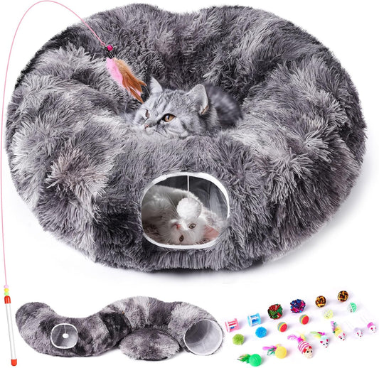 Odoland Cat Tunnels for Indoor Cats with Fluffy Plush Central Cat Couch and 20 Cat Toys, Tunnel Bed for Cats with Hanging Ball, Detachable Soft Mat and Variety Kitty Toy Set, Grey