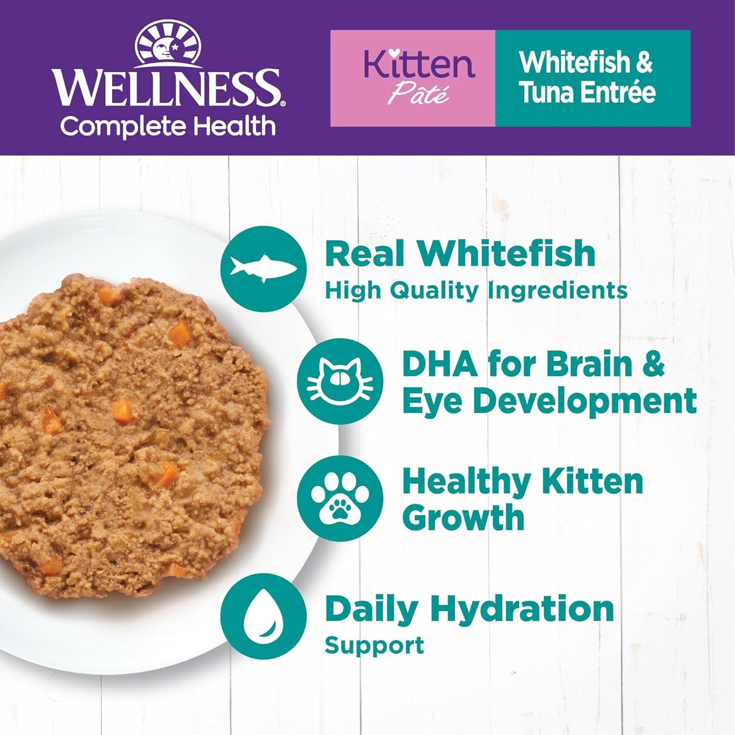 Wellness Complete Health Pate Kitten Wet Cat Food Canned Food, Natural, Protein-Rich, Grain Free, 3 Ounce Cans, 24 Pack, (Whitefish & Tuna)