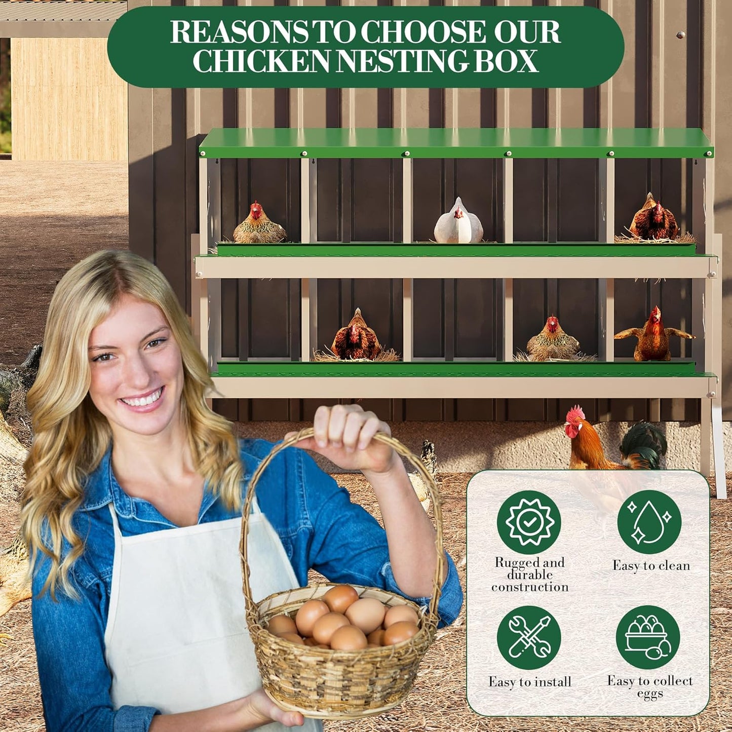 10 Hole Chicken Nesting Box with Roll Out Egg Tray, Rustproof & Ventilated Chicken Laying Boxes for Hens, Chickens, Ducks | Easy-Clean Poultry Coop Accessories, Green with Stand