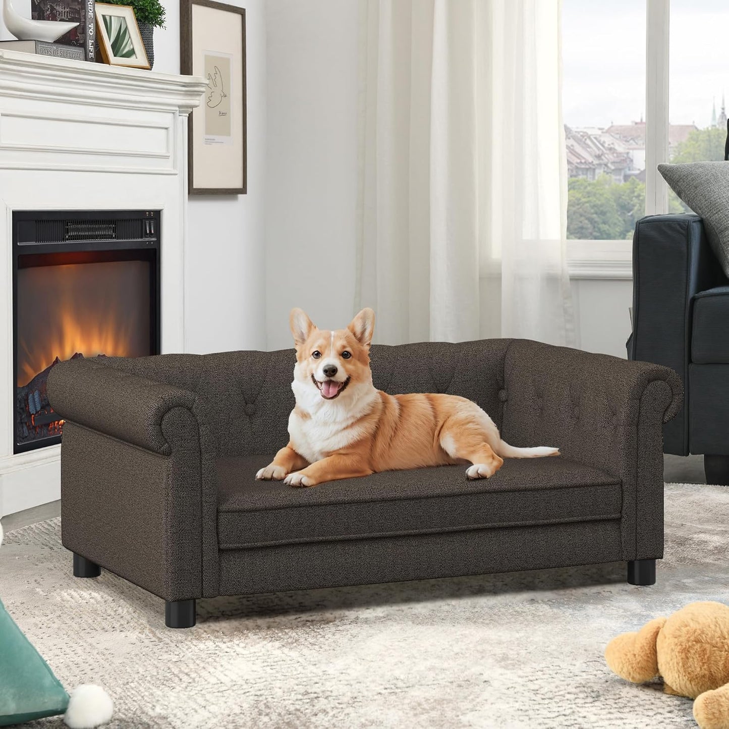 Dog Sofa Couch for Medium to Large Dogs, Memory Foam Pet Sofa Couch with Washable Fabric, Durable Elevated Dog Bed with Legs, Removable Cushion for Medium and Large Dogs, Dark Brown