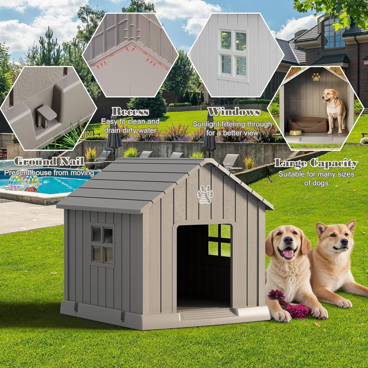 Large Dog House Outdoor Indoor for Medium Large Dogs, Durable Plastic Waterproof Doghouse with Air Vents and Elevated Floor, Easy Clean and Assemble (Grey, 31" L x 33.3" W x 33.5" H)