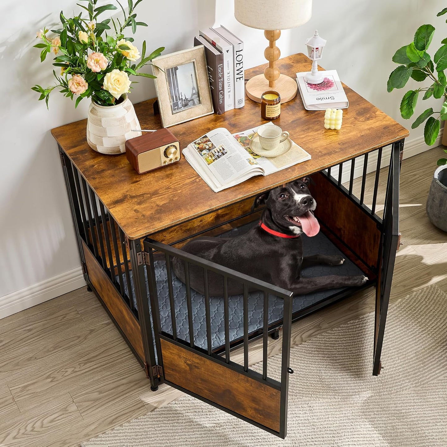 KOOPRO 43.7" Inch Dog Crate Furniture with Cushion for Large Dogs, Wooden Heavy Duty Dog Kennel with Double Doors Indoor, Decorative Pet House Dog Cage Side End Table, Rustic Brown