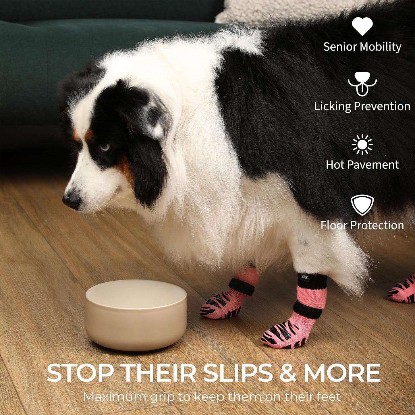 DOK TigerToes Premium Non-Slip Dog Socks for Hardwood Floors - Extra-Thick Grip That Works Even When Twisted - Prevents Licking, Slipping, and Great for Dog Paw Protection (Sassy Pink, Medium)
