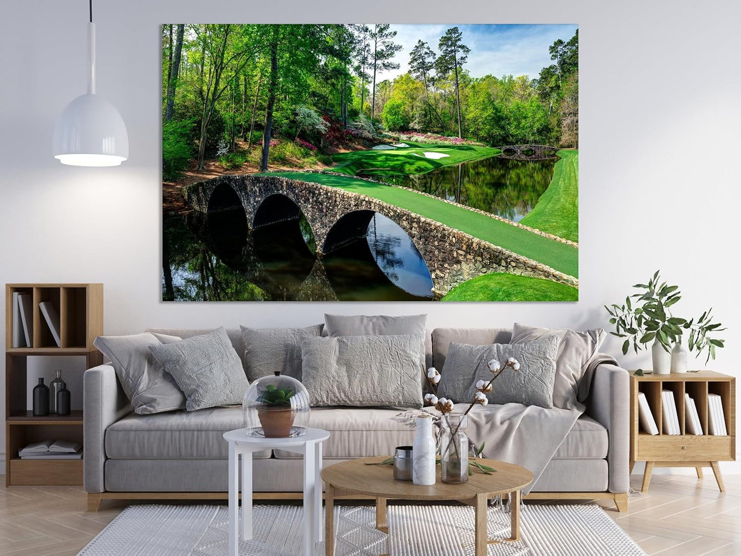 Nature Wall Art Prints - Ocean Forest Mountain Lake Canvas Landscapes - Small to Extra Large Living Room Bedroom Kitchen Bathroom Décor (Golf Course with Stone Bridge, 31L" x 47W")