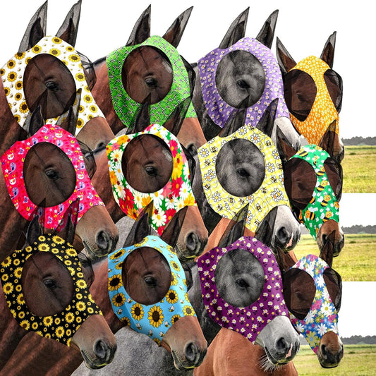 Qualirey12 Pieces Horse Fly Mask Bulk Comfortable Elasticity Mask for Horses with Ears Net UV Protection Breathable Horse Supplies Face Covering for Horse Pony and Foal (Flower Patterns, Large)