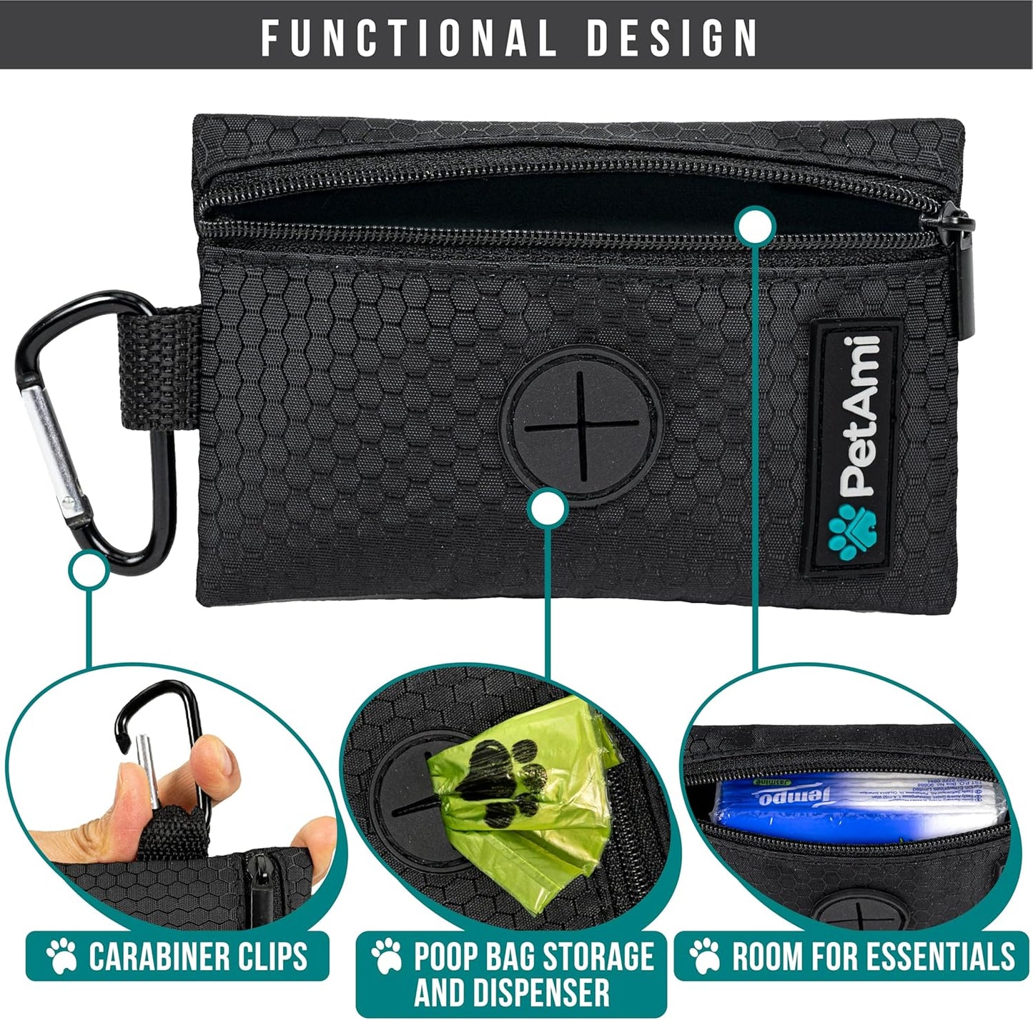 PetAmi Dog Poop Bag Holder for Leash, Dog Waste Bag Dispenser with Clip, Treat Pouch, Walking & Camping Accessories with Trash Bag Roll, Gray/Black 2 Pack