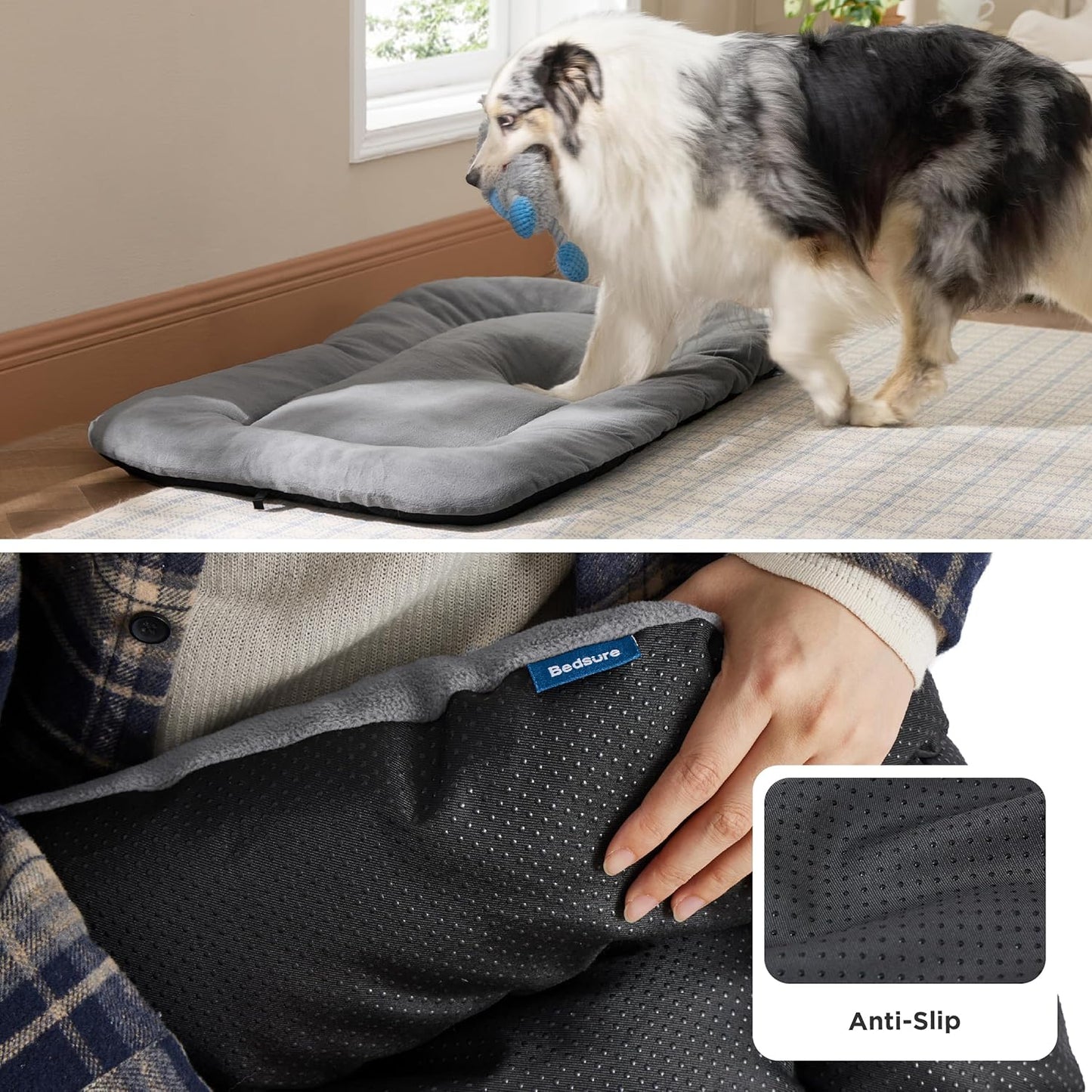 Bedsure Washable Dog Crate Pad for Large Dogs, Anti-Slip Puppy Kennel Dog Bed for Crate - Ultra Soft Fleece Flat Thin Pet Mat (Not Chew Proof), Light Grey 35"x22"