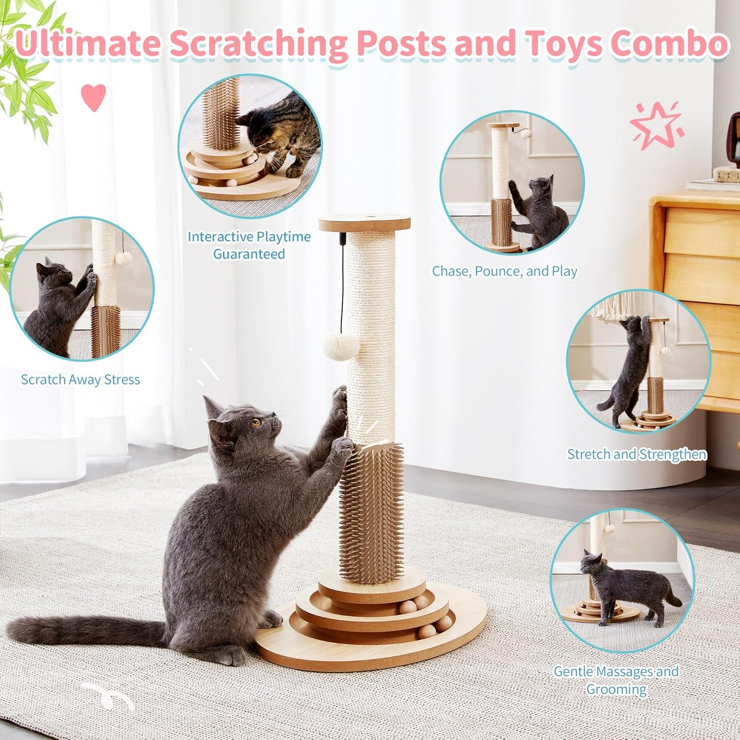 Made4Pets Cat Scratching Post, 23" Tall Sisal Cat Scratcher Post with Self Groomer, 4-in-1 Interactive Trackball Toys with Hair Brush, Vertical Cat Climbing Tree with Dangling Plush Balls