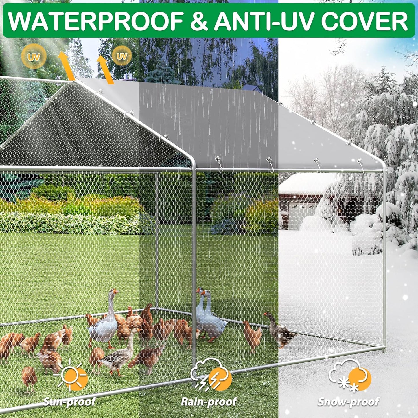 Large Metal Chicken Coop, Walk-in Chicken Run Pen with Waterproof Cover, Spire Roof Poultry Cage for Outdoor, Backyard, Farm
