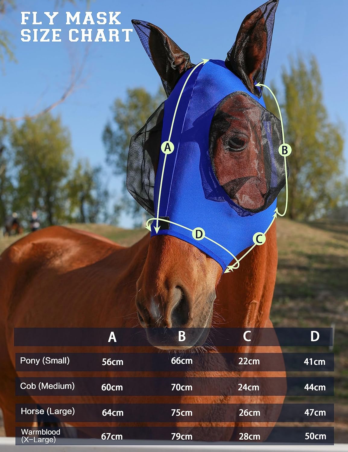 Horse Fly Mask with Ears, UV Protection Mask for Horses, Elasticity Mask with Big Mesh Eye Covers, Snug Fitting Comfortable Breathable Lightweight Royal Blue Full Size