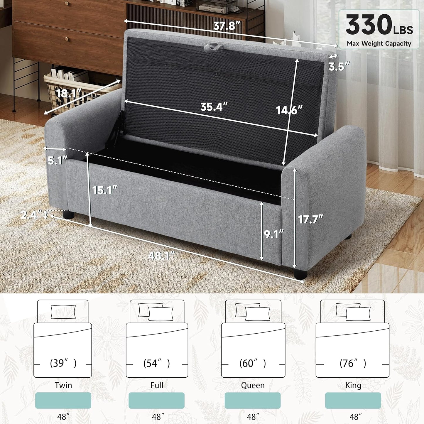 Ottoman with Storage, Tufted Storage Bench for Bedroom, 48" Fabrics End of Bed Bench, Upholstered Entryway Shoe Benches with Rolled Arm & Inner Zipper, Window Ottomans Chest without Rivets, Dark Grey